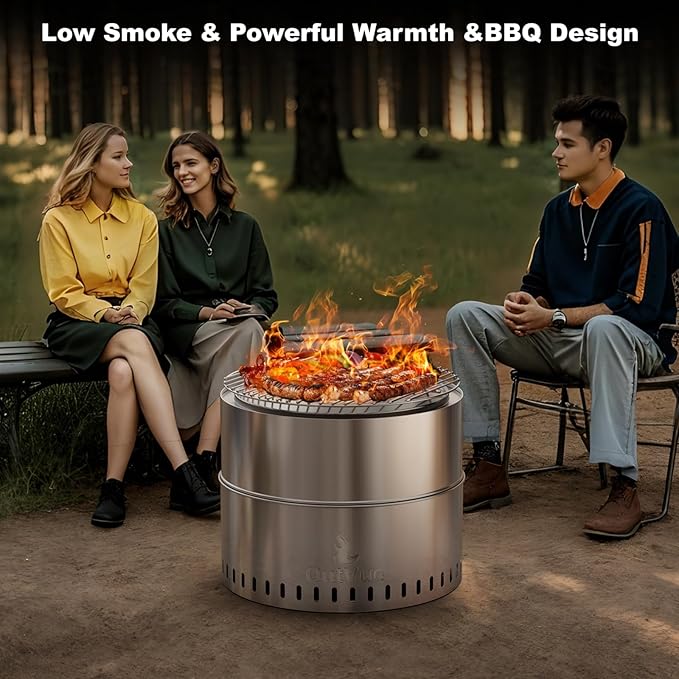 19 inch Stainless Steel Smokeless Fire Pit with Grill, Outdoor Smokeless Firepit, Wood Burning Fire Pits for Camping, Bonfire, Low Smoke Firepit for Outside (Vertical Hole)