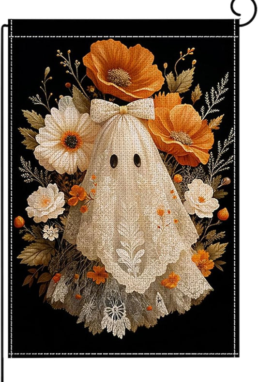Halloween Garden Flag 12 x 18 Inch Double Sided Ghost Flower Bow Designs Fall Autumn Burlap Yard Flag for Outside Rustic Yard Outdoor Holiday Home Decoration