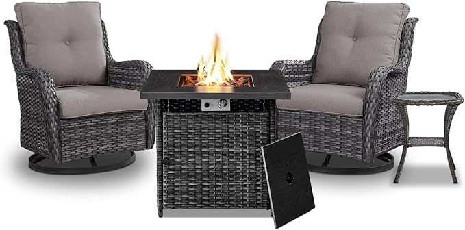 4 Pieces Patio Furniture Set with Fire Pit 50,000 BTU,Outdoor Swivel Rocker Chairs Set of 2 with PE Rattan Side Table,Wicker Outdoor Conversation Set with Rocking Chairs