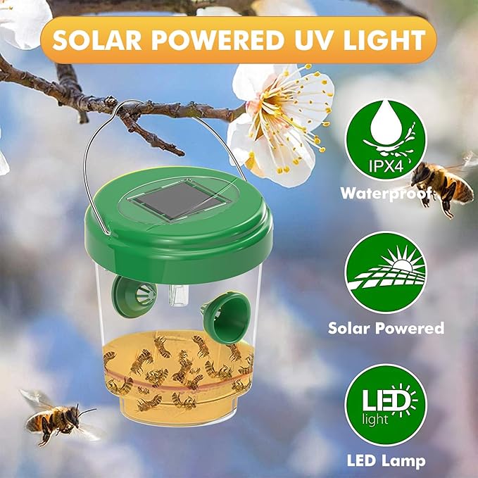 Wasp Traps for Hunting Wasps, Bees, Hornets, Insects, Yellow Jacket Traps, Wasp Trap Catcher, Reusable Solar Powered Hanging for Outdoor, 4 Packs