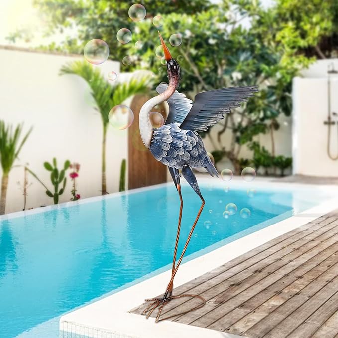 MUMTOP Crane Garden Statues for Outside, Blue Heron Garden Sculpture Statue, 37 Inch Large Bird Yard Art for Backyard Pond Patio Porch Decoration