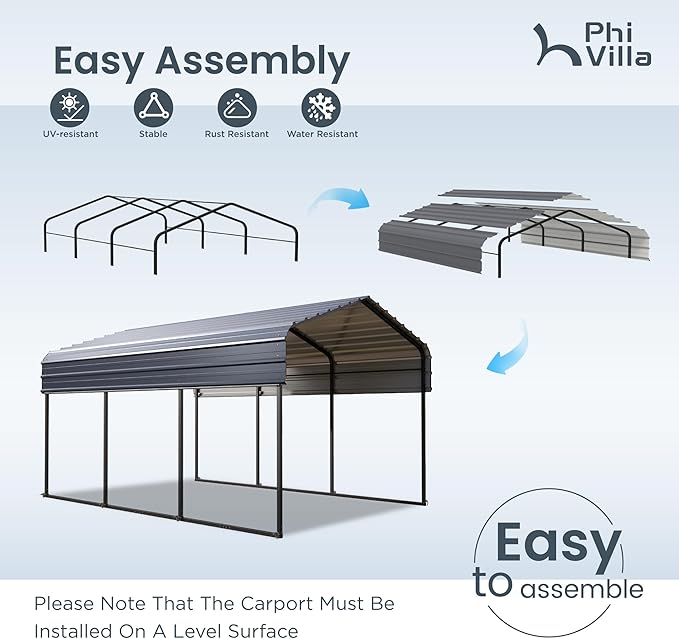 PHI VILLA 10 x 15 Heavy Duty Metal Carport with Galvanized Steel Roof with Sidewalls Enclosure Kit, Sturdy Metal Carport for Cars, Boats, and Tractors