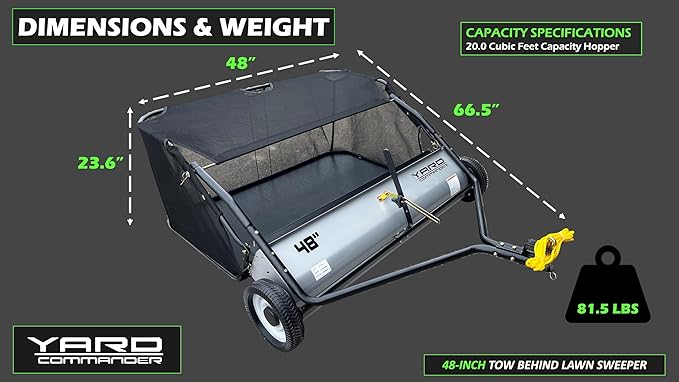 48-Inch Tow-Behind Lawn Sweeper, 10" Nylon Brushes, Universal Tractor/ATV Hitch, Never-Flat Wheels, Adjustable Height, 1-Year Warranty, Ideal for Leaves, Grass & Debris