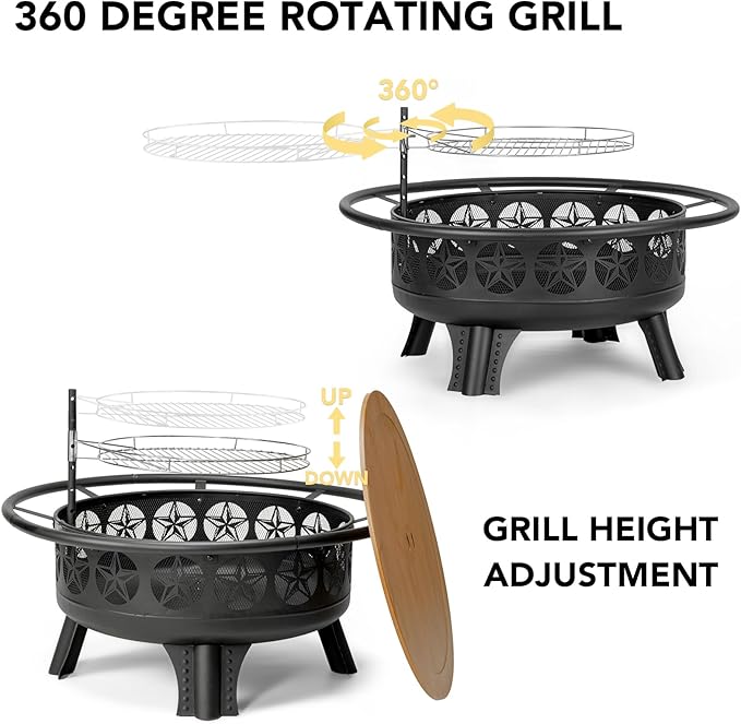 38” Wood Burning Fire Pits for Outside,3-in-1 Fire Pit with Grill, Spark Screen & Fire Poker,Outdoor Firepit Table with Swivel Cooking Grate for Yard BBQ Bonfire Patio Camping (38 inch)