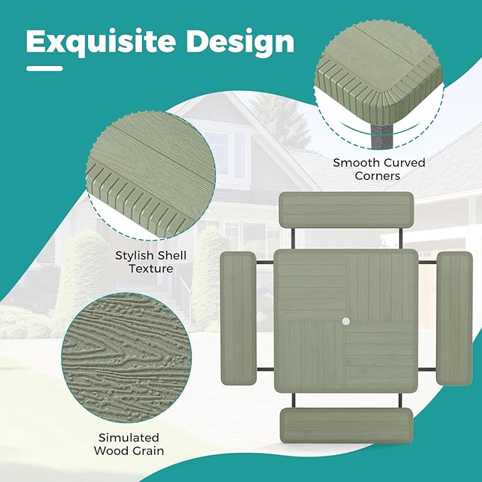 Giantex Picnic Table Bench Set for 4-8 People, 34" Outdoor Square Dining Table & 2 Benches w/Umbrella Hole, HDPE Tabletop, Metal Frame, Patio Camping Furniture for Backyard Porch Lawn (Green,Square)