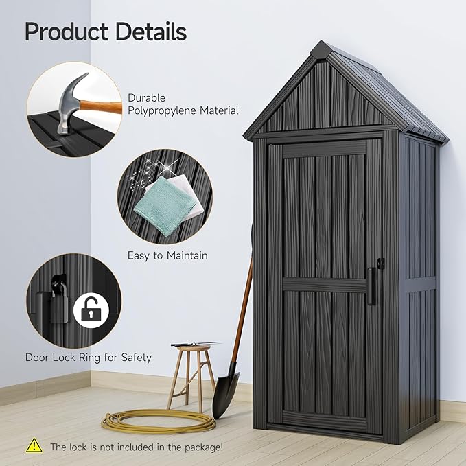 Multifunctional Storage Shed, Outdoor Storage Cabinet with Hooks and Lock Ring, Waterproof Outdoor Storage Shed for All Weather, Tool Outdoor Shed for Patio Lawn and Garden