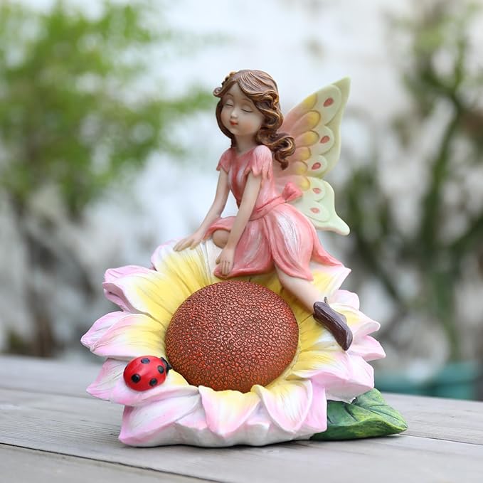 Fairy Garden Statues Outdoor Decor, Solar Fairy Lights Outdoor Sunflower Decor Lawn Ornaments Resin Sculptures Fairies Garden Decor for Outside Yard Art Patio Porch, Gifts for Women Mom