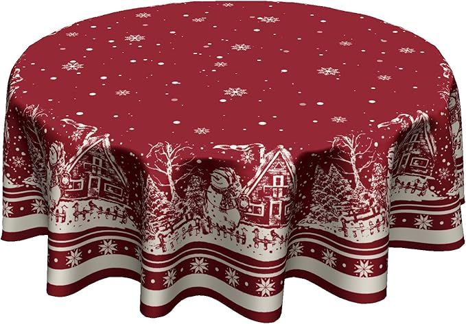 Giwawa Xmas Round Tablecloth 60 Inch, Farmhouse Red Snow House Snowflakes Holiday Washable Polyester Table Cover for Picnic Dinner Kitchen Winter Seasonal Party Tabletop Decoration
