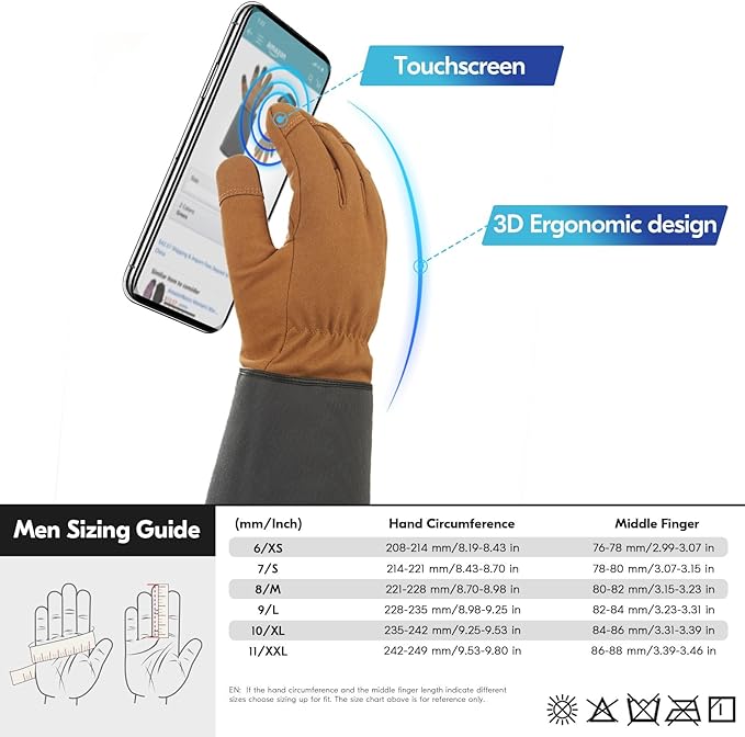 Vgo... Winter Warm Safety Work Gloves Men, Extended Pig Split Leather Cuff,Synthetic Leather, Rose Pruning Thorn Proof,Gardening(Size L,Brown,SL6592FLWP)