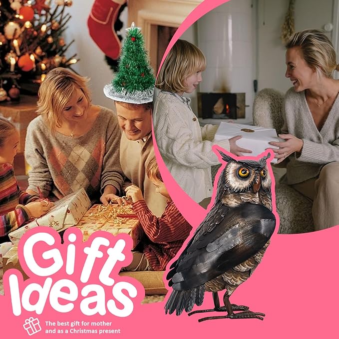 Natelf Garden Owl Sculptures & Statues, Standing Metal Bird Yard Art Sculpture for Patio Backyard Pond Outdoor Decorations (Brown-1)