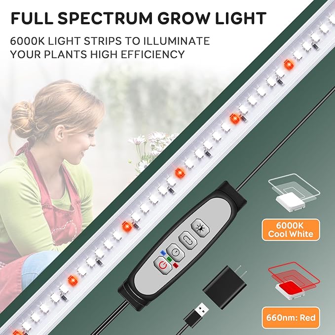 2 Bars Grow Light Strips for Indoor Plants with Auto ON/Off Timer 6/12/18H, 5 Dimmable Levels for Shelves Plant Growing (2 Bars, 1 Pack)