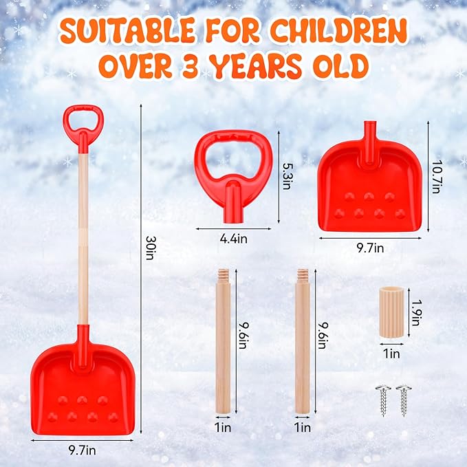 2 Pcs Kids Snow Shovel 30" Detachable Kids Digging Snow Shovel with Plastic Scoop & Wood Handle Portable Kids Shovels for Outdoor Yard Garden Activities Driveways Snow Removal Road Beach (2)