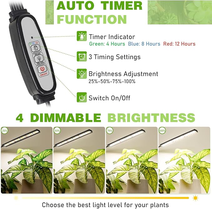 FOXGARDEN Grow Lights for Indoor Plants Full Spectrum, Plant Lights for Indoor Growing with Timer 4/8/12 H, Five-Head 260 LED Clip Grow Lamp with Gooseneck, 4 Brightness Levels for Plant Growing