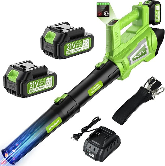 Leaf Blower Cordless, 21V Brushless Powerful Electric Leaf Blower with 2x4.0Ah Batteries and Fast Charger,6-Speed Modes,Shoulder Strap, Lightweight Leaf Blowers for Lawn Care,Blowing Leaves,Dust, Snow