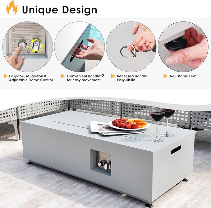 NICESOUL 42'' Outdoor Rectangle Fire Pit Table, Modern Low Profile Patio Firepits with Tank Table, 50,000 BTU Firepit Table for Outside, Exterior, Porch, Backyard or Garden, No Assembly, Grayish white