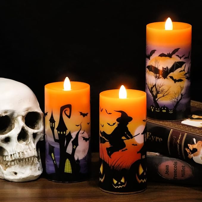 DRomance Halloween Flameless LED Candles Battery Operated with Remote and Timer, Real Wax Flickering Pillar Candles Flat Wick Dimmable Light Castle Witch Bats Holiday Decor(3 Pack, 3 x 6 Inches)
