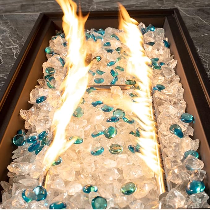 44in Outdoor Propane Gas Fire Pit Table, 50,000 BTU Auto-Ignition Gas Firepit with Glass Wind Guard, Marble Tile Tabletop, Mixed Color Glass Rocks, Brown PE Rattan