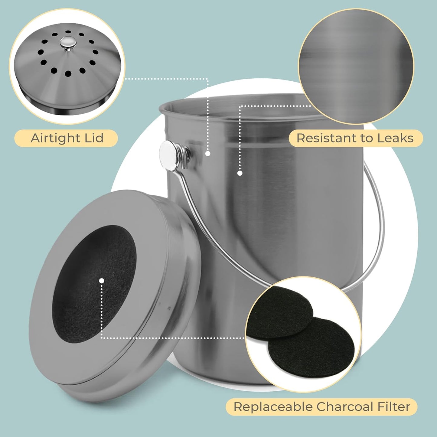 EPICA Countertop Compost Bin Kitchen | 1.3 Gallon | Odorless Composting Bin with Carbon Filters | Indoor Compost Bin with Lid | Stainless Steel Kitchen Composter for Food Scraps & Waste Recycling