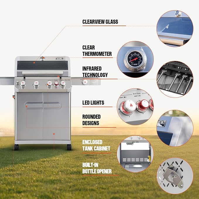 Monument Grills 4+1 Outdoor Barbecue Stainless Steel Propane Gas Grill, 4 Burners & 1 Side Burner 62,000 BTU Patio Garden Barbecue Grill with Knob Controls, Mesa415BZ
