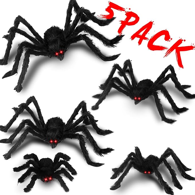 Halloween Giant Spider Decorations: 12/20/30/35/49 Inches Large Fake Scary Hairy - 5PCS Huge Plush Toy Props for Indoor Outdoor Creepy Lawn Garden Decor Black