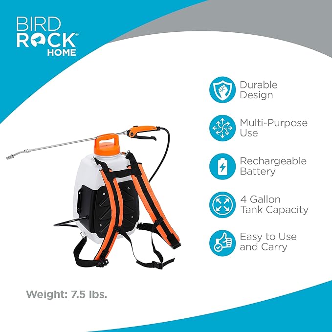 BIRDROCK HOME 4-Gallon Battery-Powered Garden Sprayer - Adjustable Stainless Steel Wand, Lightweight, Rechargeable 12V Lithium Battery, Ideal for Lawn, Garden, and Outdoor Spaces