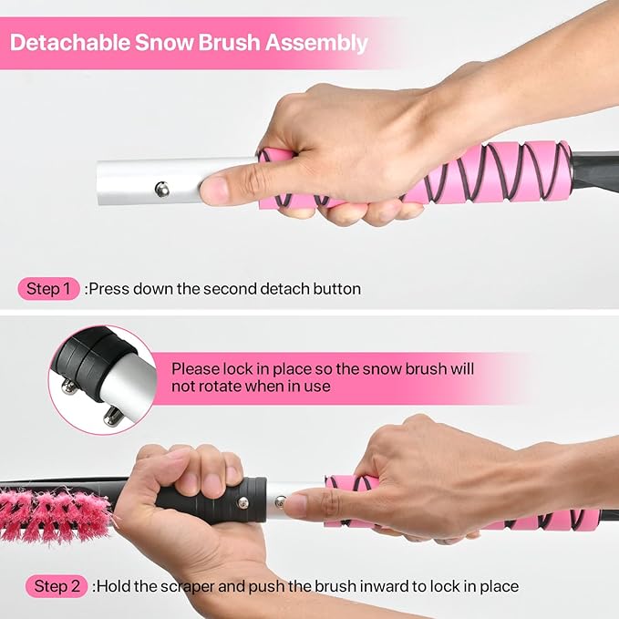 27" Snow Brush and Ice Scrapers for Car Windshield 2 Pack, Scratch-Free Bristle Head PVC Snow Brush & Foam Grip Window Snow Scraper Snow Removal Tool with Aluminum Body for Truck, SUV, Pink
