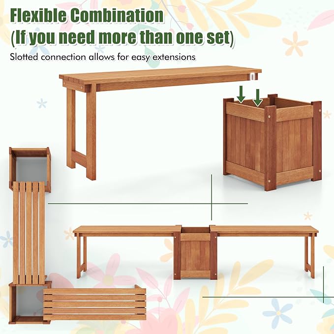Giantex 2-in-1 Outdoor Bench with Raised Garden Bed, Wood Seat with Teak Oil Finish, Planter Box with Open-Ended Base, Garden Bench Seat for Porch Balcony Lawn Yard, DIY Assembly
