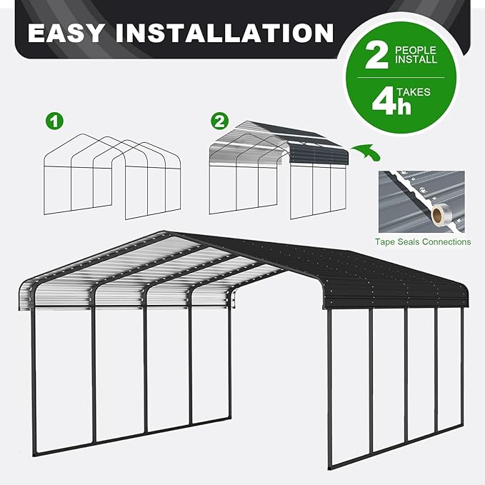 12x20FT Metal Carport Kits, Heavy Duty Car Ports with Galvanized Metal Roof, Outdoor Garage Car Shelter Shade for Car, Boats and Truck (Dark Gray)