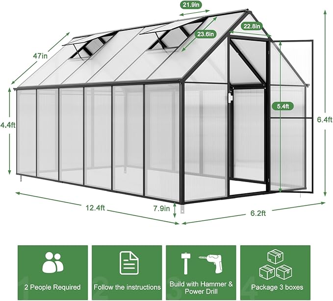 Polycarbonate Greenhouse Kit,12x6x6 FT Outsides Aluminum Frame Heavy Duty Green House with Transparent Panels Windows Door for Backyard Garden, Outdoor Walk in Plant Greenhouses,Black Frame