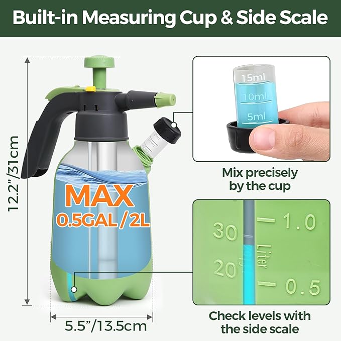 Hand Pump Sprayer 1/2 Gallon, Garden Pump Spray Bottle for Plants, Pressure Sprayer Bottle in Lawn and Garden Yard, Weed Chemical Sprayer with 2 Nozzle & Safety Pressure Relief Valve (2L/0.5Gal)