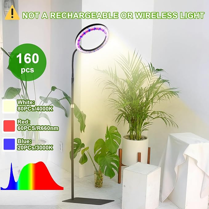 yadoker Grow Light for Indoor Plants,160 LEDs Full Spectrum Standing Plant Grow Light with 3H/6H/9H Timer,10-Level Brightness, 51" Height Adjustable,Flow Grow Lamp for Tall Large Indoor Plants