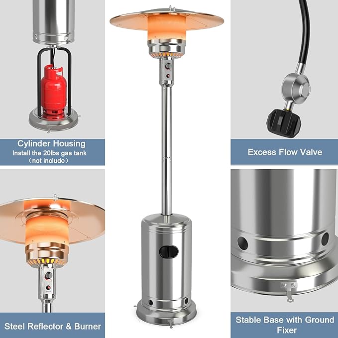 COSTWAY Outdoor Patio Heater, 50000 BTU Propane Heater with Stainless Steel Burner and Wheels, Triple Protection System, Standing Portable Outside Heater for Porch, Deck, Home and Commercial