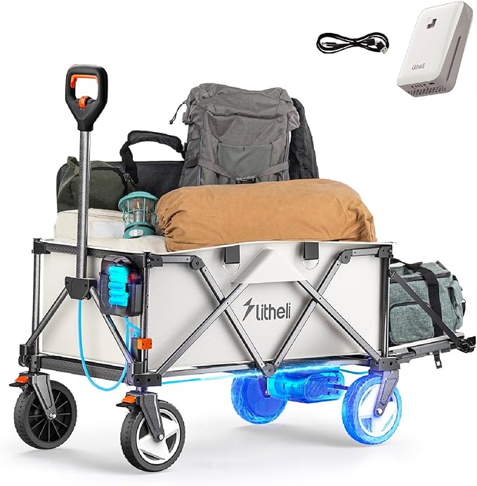 Litheli Electric Wagon Cart with Battery Power, All-Terrain Wheels & Variable Speed | 200L Capacity, 300 lbs Heavy-Duty Utility Wagon for Camping Gear, Beach Trips, Garden Tools & Shopping Hauls