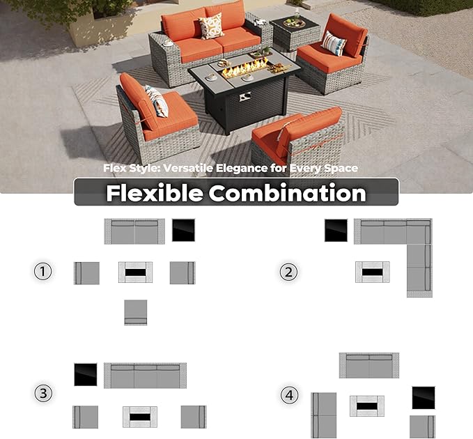 ovios 7 Pieces Patio Furniture Set, Outdoor Wicker Sectional Sofa with 42 Inch Fire Pit Table Comfy Cushions, Modern Modular Deep Seat Rattan Couch Conversation Set, Orange Red