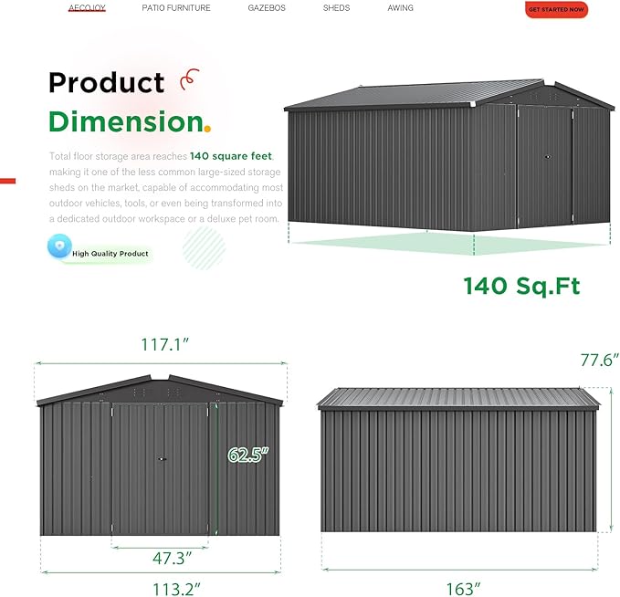 AECOJOY Shed 10' x 14' Storage Shed, Outdoor Storage Sheds & Outdoor Storage 10' x 14' with Lockable Doors, Large Steel Yard Shed, Utility and Tool Storage for Garden, Patio, Outside use in Dark Grey