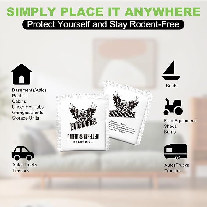 BugBarrier's Rodent Repellent Pouches – Plant-Powered Rat Mouse Deterrent, Indoor Mice, Natural Rat & Mouse Repellent Extra-Strength Peppermint & Rosemary Oils (Pack of 24)