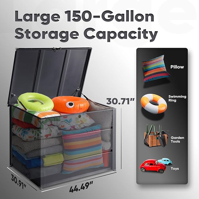 Quictent Deck Box outdoor 150 Gallon, Easy Assemble Metal Storage Box,Lockable Waterproof storage cabinet for Patio Furniture Cushions, Throw Pillows, Garden Tools and Pool Toy,Gray