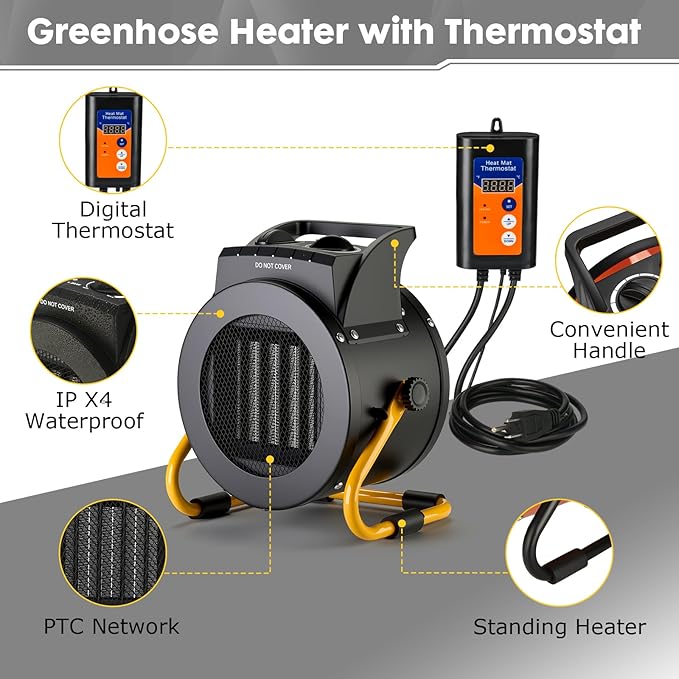 Greenhouse Heater with Digital Thermostat, 1500W/750W Electric Grow Tent Heaters, 3S PTC Fast Heating, 3 Modes Adjustment, Overheat Protection for Patio, Grow Tent, Greenhouse, Outdoor, BK