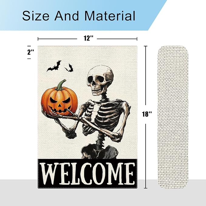 DLZDN Welcome Halloween Skeleton Garden Flag Funny Horror Skull Pumpkins Flag 12×18 Inch Double Side Vertical Burlap Farmhouse Yard Sign Holiday Seasonal Outdoor House Decoration