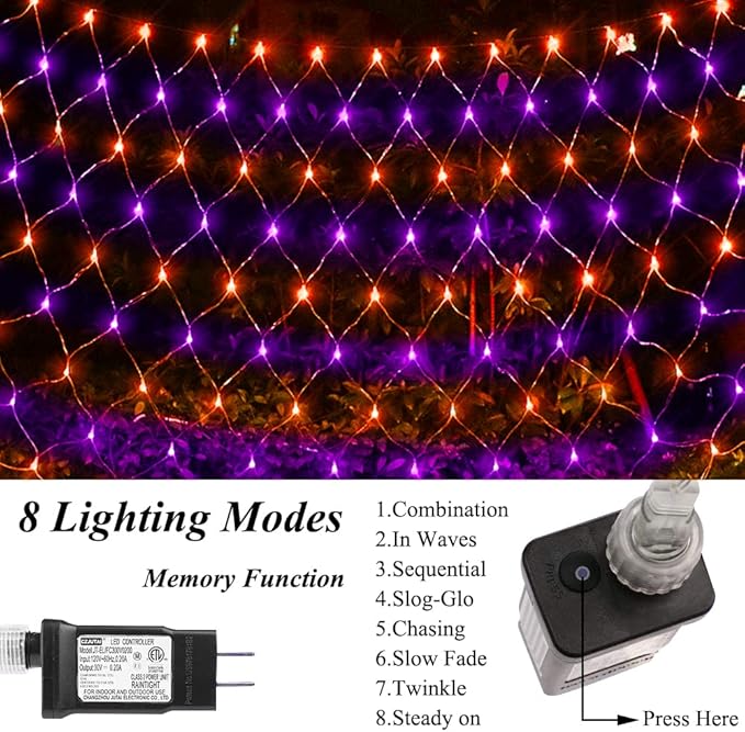 LED Net Light Halloween Decor Mesh Lights, 240LED Timer Tree Warp Fairy Lights Outdoor Hanging String Light for Home, Bedroom, Christmas, Garden, Walkway, Bushes Decor-9.8ft x 6.6ft(Purple&Orange)