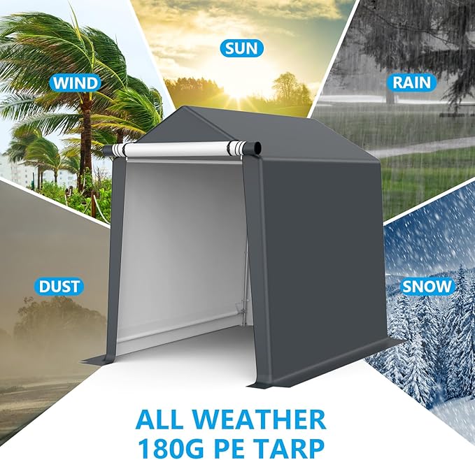 6x8FT Outdoor Storage Shelter Carport, Portable Shelter Heavy Duty Storage Shed Carport with Roll-up Zipper Door for Bike, Motorcycle, Garden Storage, Waterproof and UV Resistant, Gray