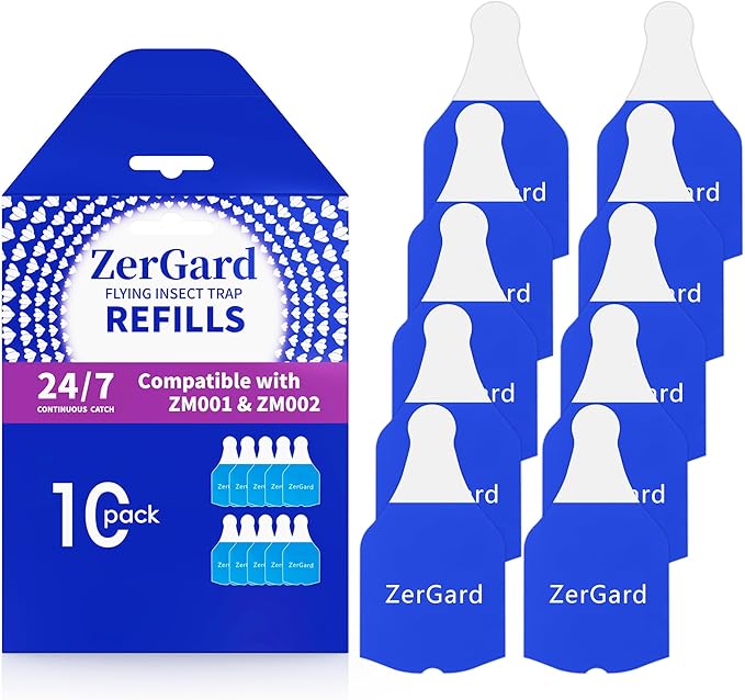 ZerGard Flying Insect Trap Refills Compatible with ZM001 and ZM002, Indoor Fruit Fly Trap Super Sticky and Odor-Free, Effective Insect Control Attracts and Traps Flying Insects Bugs Flies, 10 Refills