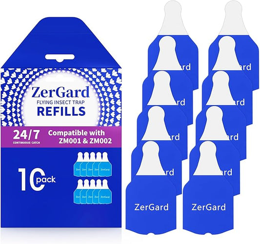 ZerGard Flying Insect Trap Refills Compatible with ZM001 and ZM002, Indoor Fruit Fly Trap Super Sticky and Odor-Free, Effective Insect Control Attracts and Traps Flying Insects Bugs Flies, 10 Refills