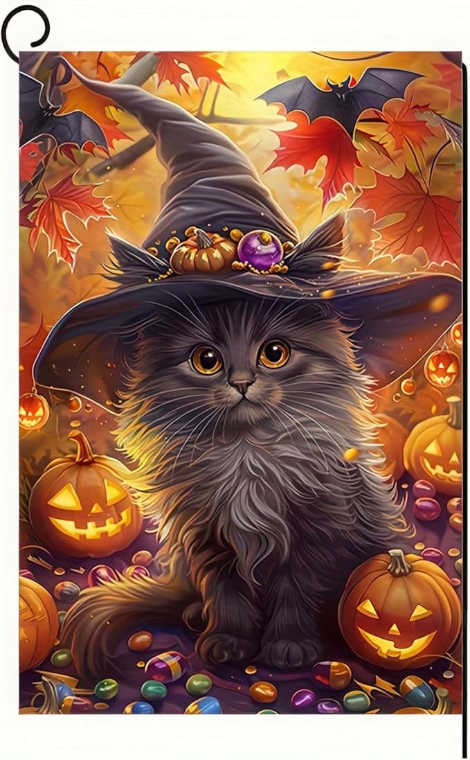 Halloween Cat Garden Flag Fall Garden Flags for Outside 12x18 Double Sided Autumn Harvest Pumpkin Yard Flags Fall Cute Kitten Garden Flag Fit Well With Any Outdoor