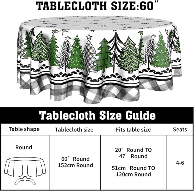 Giwawa Christmas Round Tablecloth 60 Inch,Green and Black Buffalo Plaid Xmas Trees Snowflakes Theme Country Reusable Wrinkle Resistant Table Cover for Holiday Party Dinner Table Decor