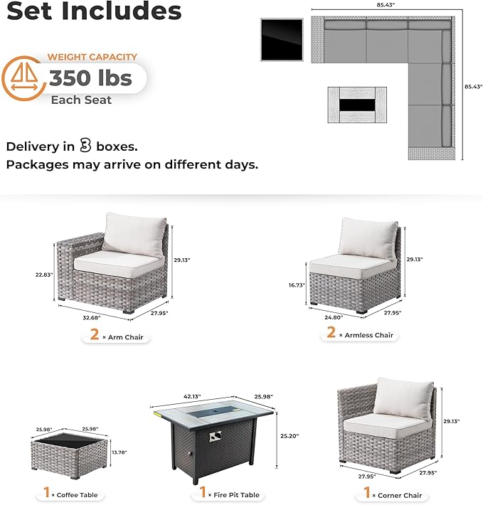 ovios 7 Pieces Patio Furniture Set, Outdoor Wicker Sectional Sofa with 42 Inch Fire Pit Table Comfy Cushions, Modern Modular Deep Seat Rattan Couch Conversation Set, Beige