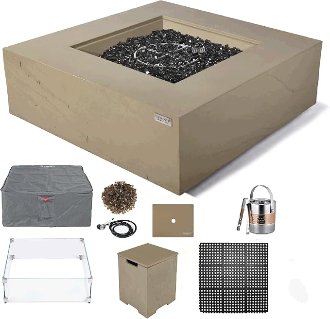 Elementi+ | Bundle Uluru Gas Fire Pit Cast Concrete 40" Square Fire Table, Outdoor Fire Pit Electronic Ignition | Canvas Cover, Fire Glass and Burner Lid Included | Sunlight Yellow | Propane Gas