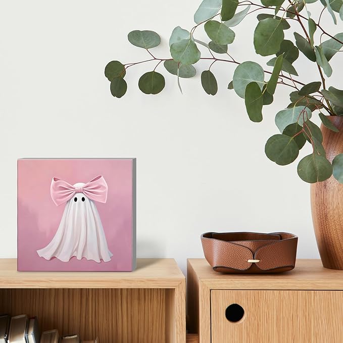 Mtrgdn Cute Halloween Decor,Halloween Decorations Indoor,Pink Ghost with Bow Desk Decor Wooden Box Sign,Halloween Home Office Kitchen Bathroom Bedroom Coffee Bar Table Shelf Wall Decorations,5x5 Inch