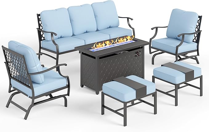 Patio Furniture Set, 6 Pcs Metal Outdoor Conversation Set, 2 Rocker Chairs, 2 Ottomans and 3 Seater Sofa with 5.75" Extra Thick Cushion and Gas Fire Pit Table, Blue