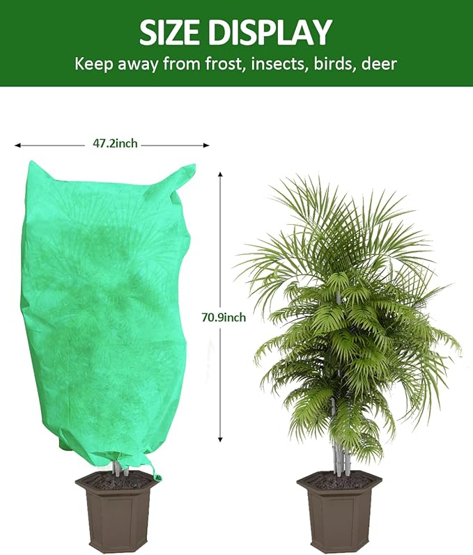 EAONE 4 Pack Plant Covers Freeze Protection, 47x71'' Winter Frosts Cloth for Outdoor Plants, Reusable Frost Blankets Drawstring Bags for Cold Freeze Sun Protection Bird Insect Prevention, Green